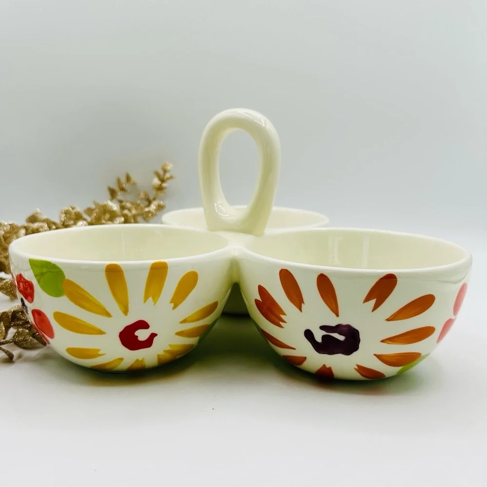 Pier 1 “Flowers” PER178 Colorful 3 Bowl unit with Handle. Earthenware NWT